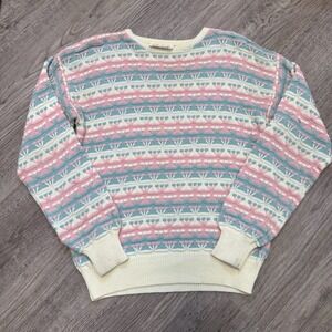 Country Suburbans Vintage Pastel Knit Floral Sweater Pink Blue Cream Womens L